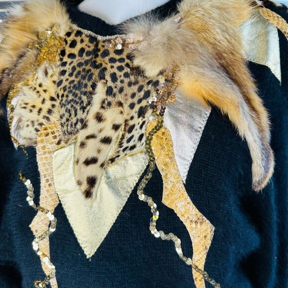 Vintage Wool Fur Sequin Leather Exquisite Pullover Sweater Circa 90s - Picture 4 of 16